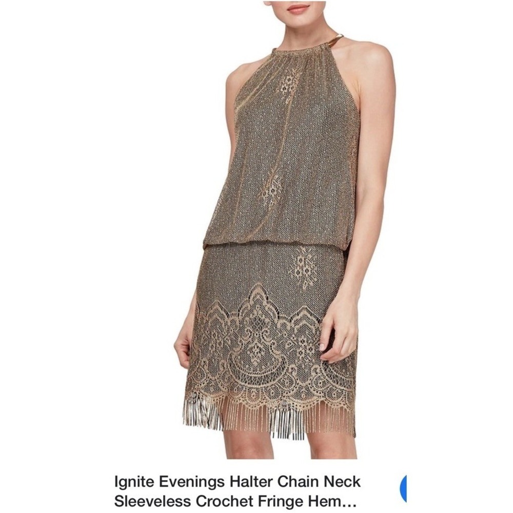 S.L. FASHIONS Women's Blouson  Halter Crochet Dress Flapper Fringe Sz 6 Gold NEW